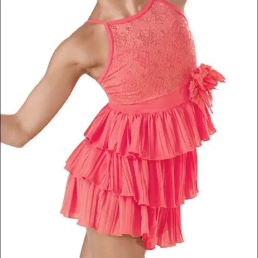 WEISSMAN Dance Costume coral orange lace leotard dress MC medium child 10/12